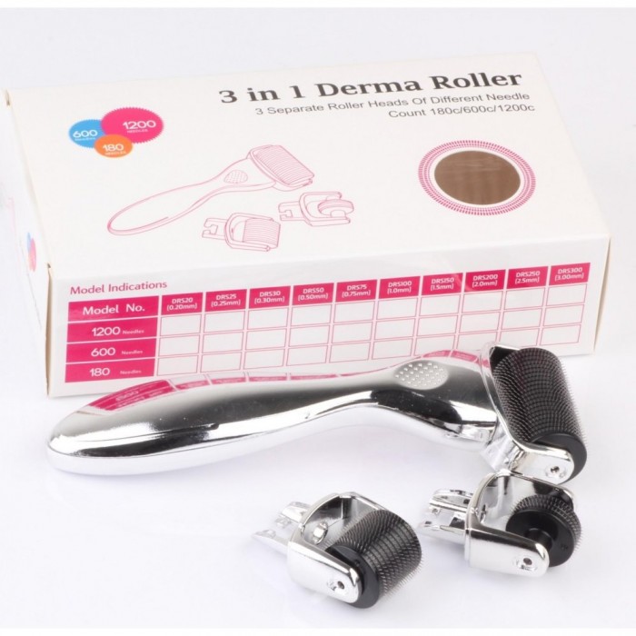 (Silver) Derma Roller DRS 3 In 1 Kit 180/600/1200 Titanium Needle Skin Care Microneedle Roller with 3 Replacement Heads Body Face Eye Therapy Stainless Steel Home Use Gold Silver 0.5mm 1.0mm 1.5mm