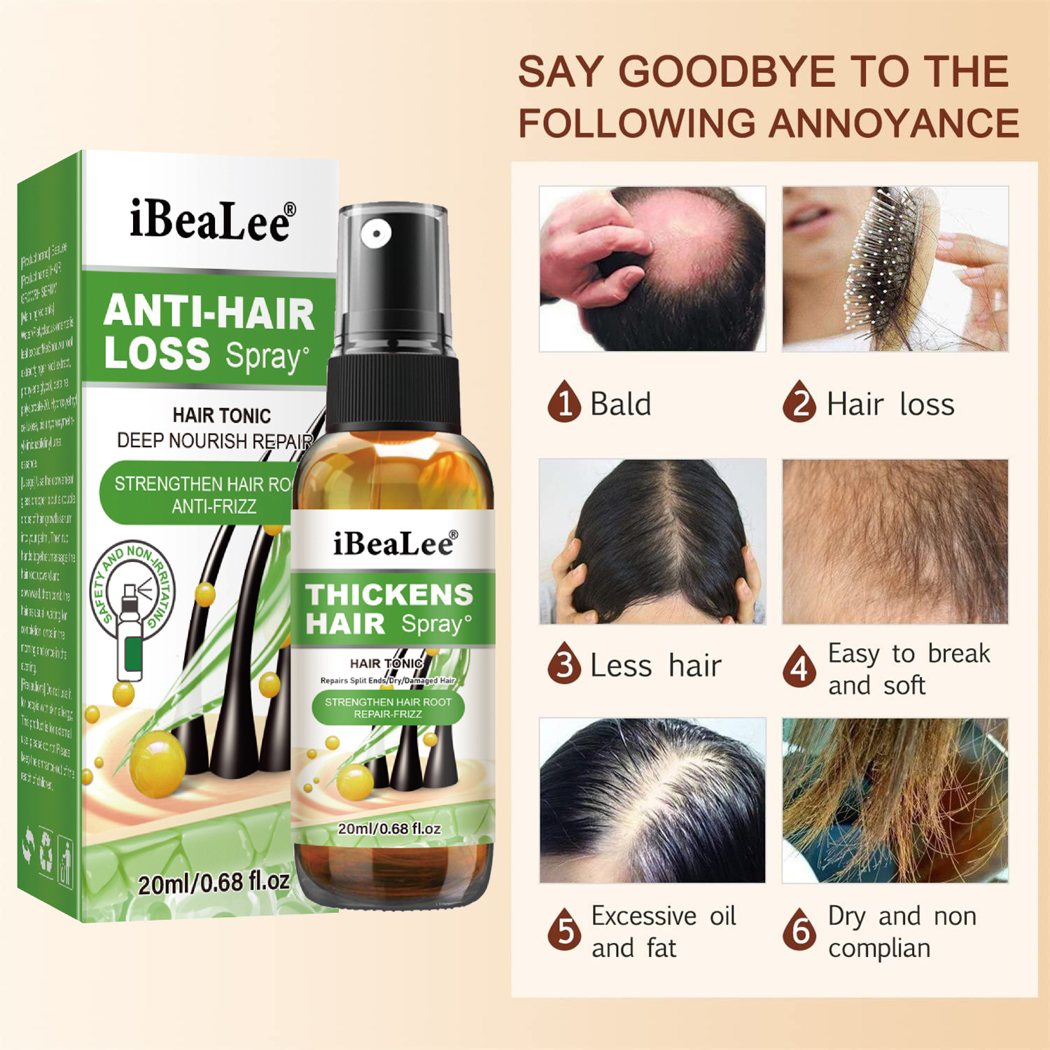iBeaLee Anti-Hair Loss Spray Hair Growth Serum Tonic Deep Moisturize Repair Strengthen Hair Root Serum Anti-Frizz Care Scalp Nourish 20ml