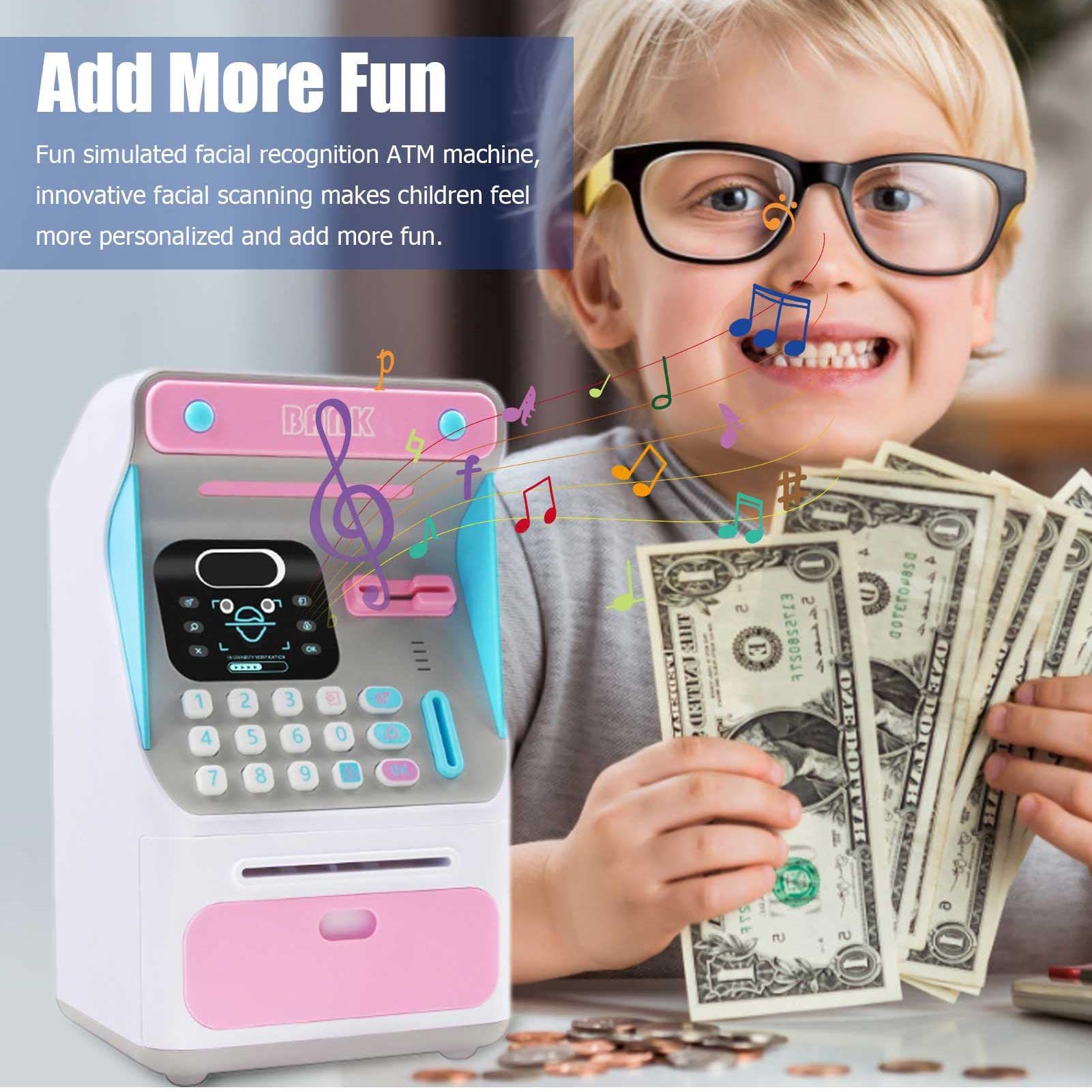 (Blue) Electronic Piggy Bank ATM Cash Coin Money Box With Face Recognition Unlocking Birthday Toys Gifts