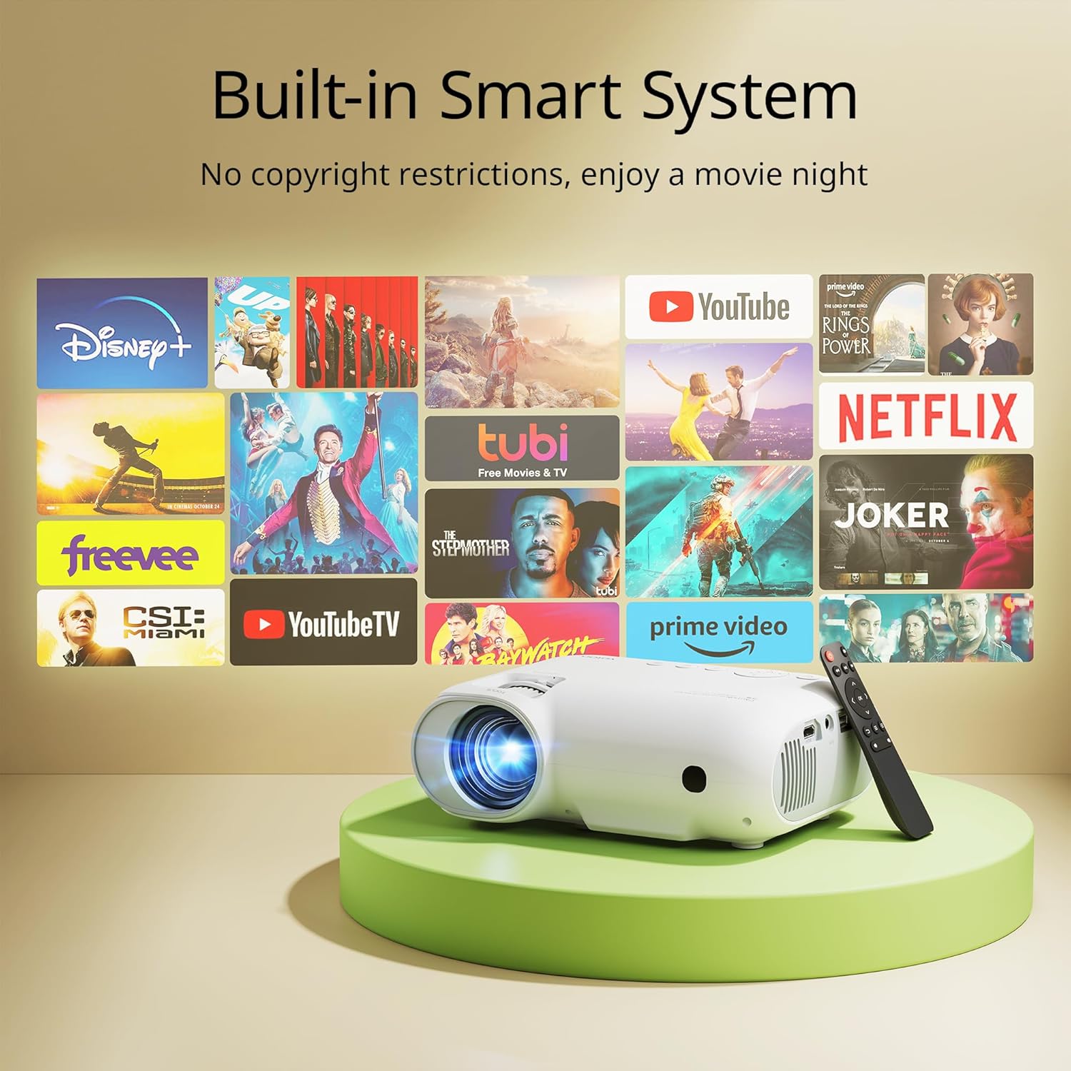 Projector 4K Netflix Prime Video YouTube Portable Projector WiFi Bluetooth 23000 Lumens Smart Phone Projector with Zoom Updated with Built in Hulu/Dolby
