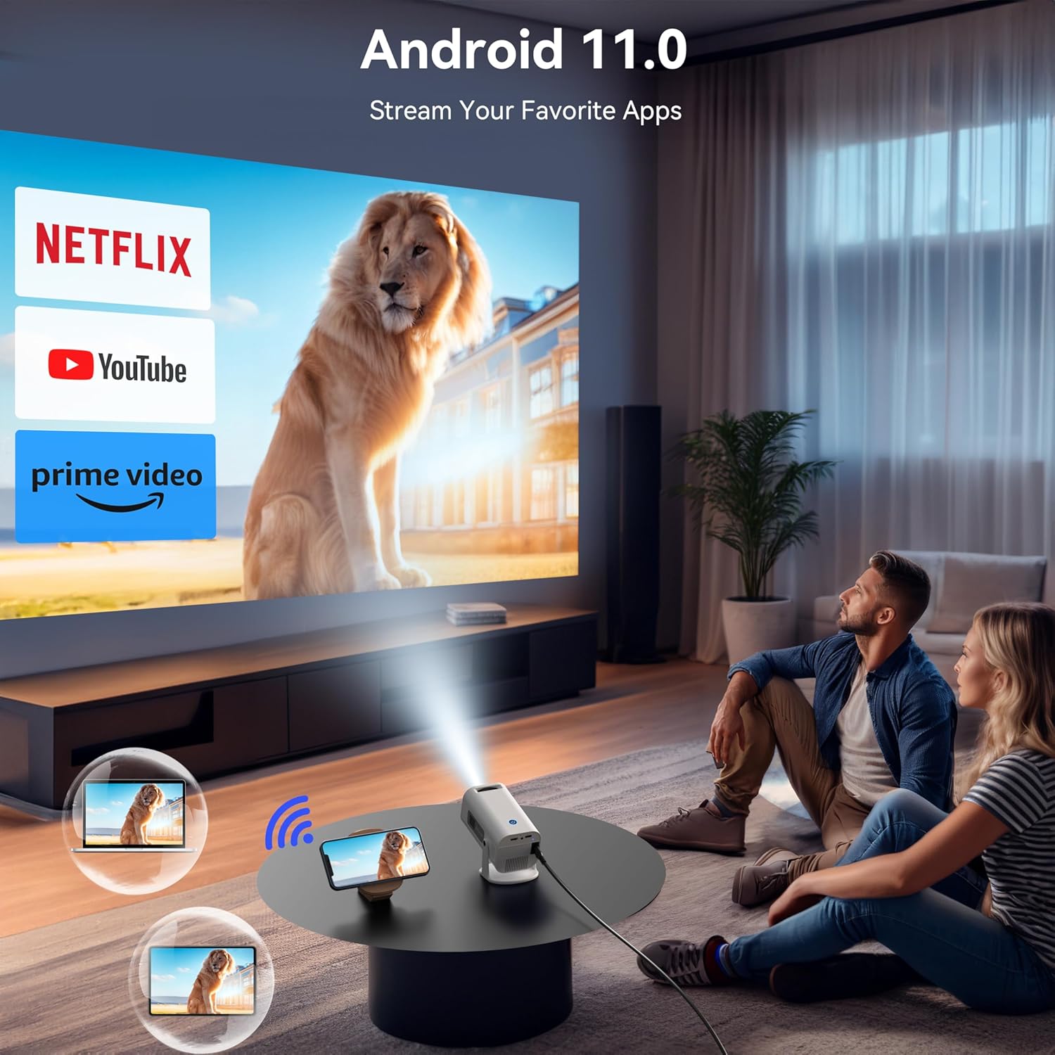 (White) Projector 4k 1080p Full HD Mini Projector with Auto Keystone Smart Projector with Android BT Mini Projector 4K with 150 Inch Display Rotation Portable Projector
