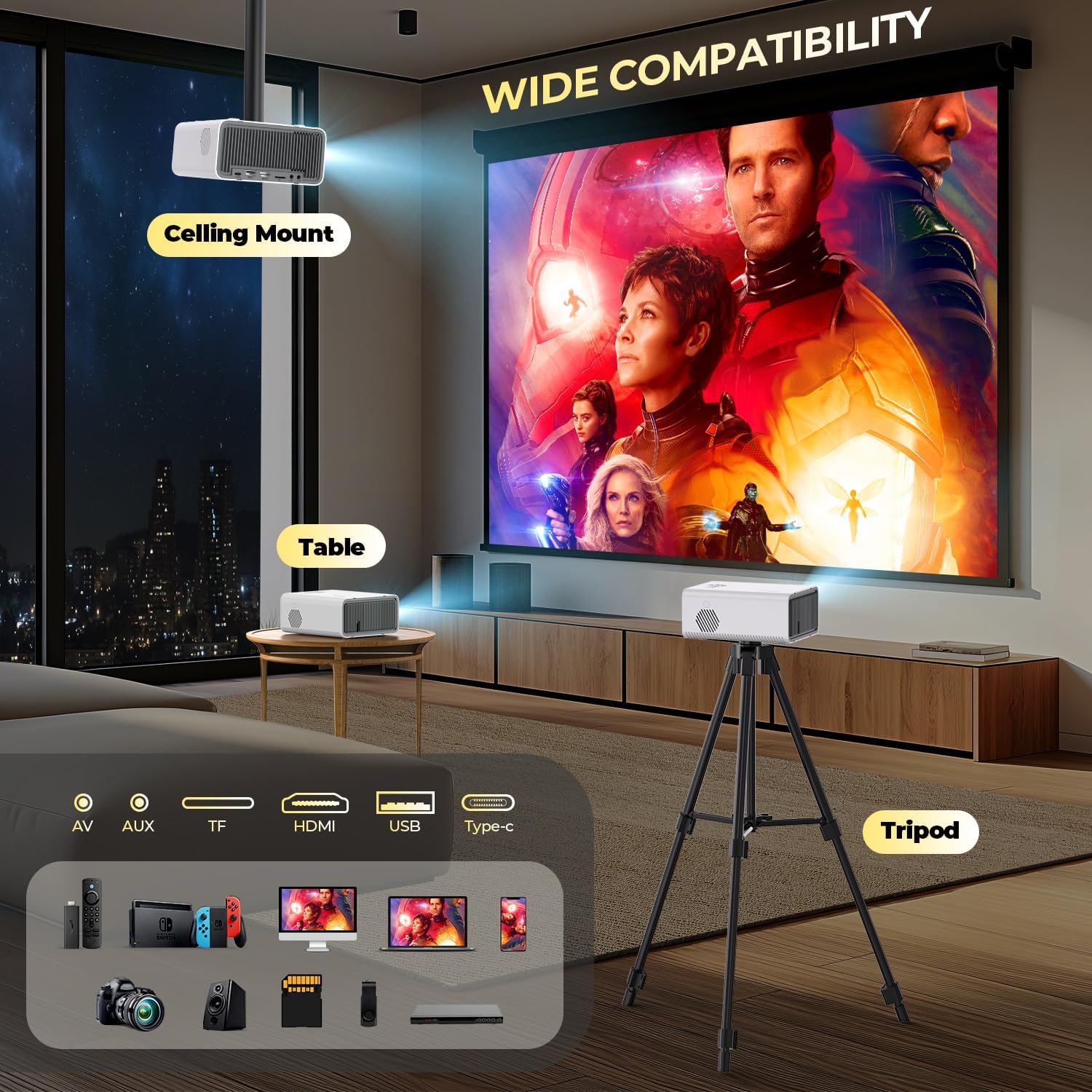 Mini ProjectorElectric Focus Keystone Zoom 15000L Full HD 1080P Portable Projector with WiFi and Bluetooth Outdoor Movie Projector for Bedroom Sports Party Support Phone Laptop TV Stick HDMI