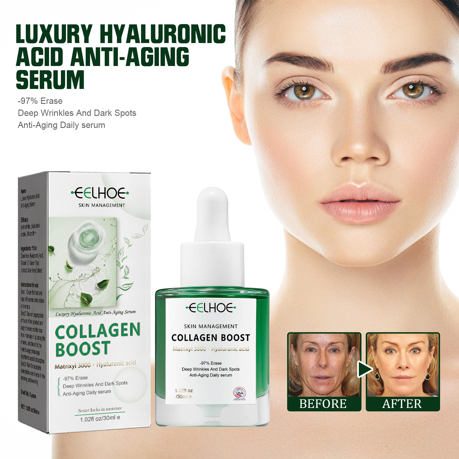 (1 PC) Collagen Boost Serum Anti Rrinkle Essence Anti Aging Face Lifting Fade Fine Lines Moisturizing Hyaluronic Acid Facial Essence Wrinkle Remover Skin Care
