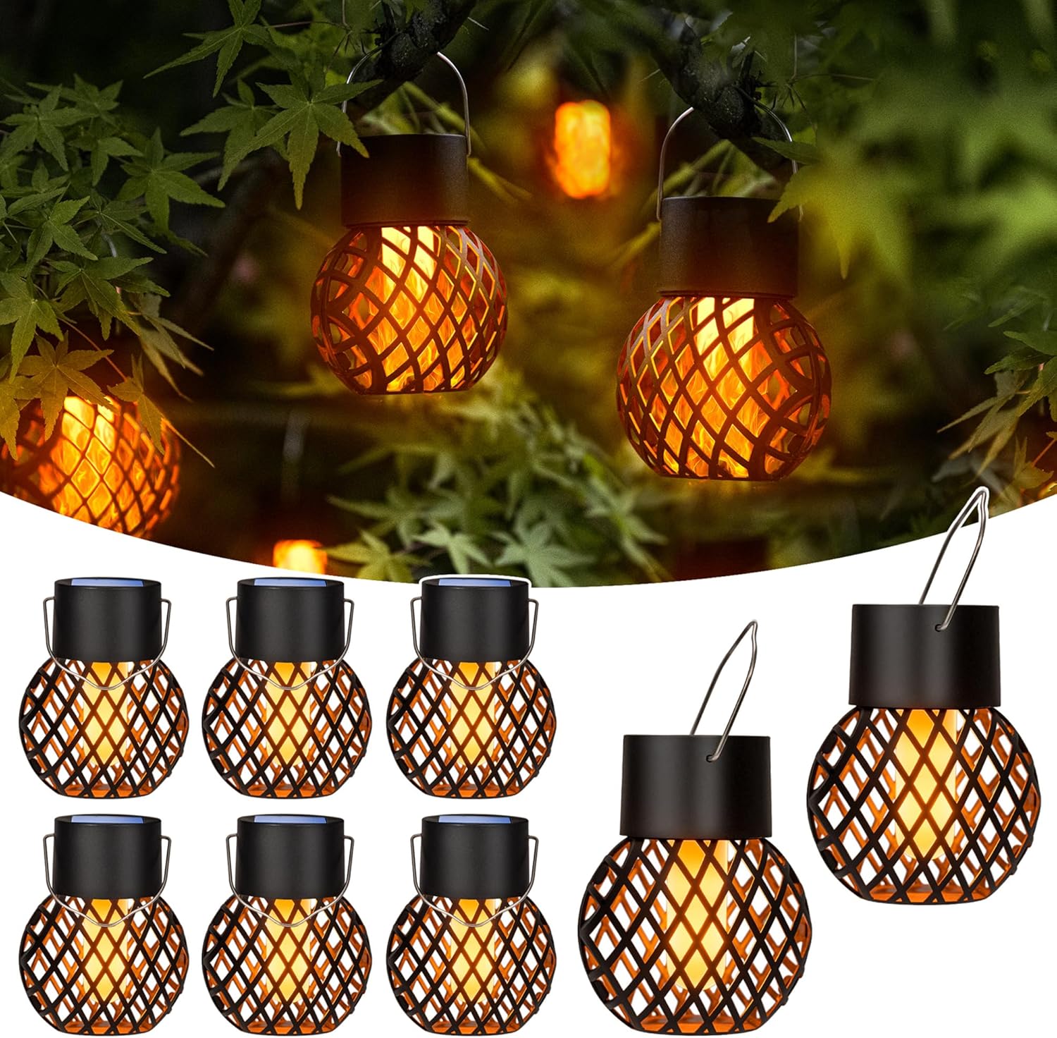(8 pcs) Solar Lights Outdoor Garden Flickering Flame Solar Hanging Lights Waterproof for Garden Yard Fence