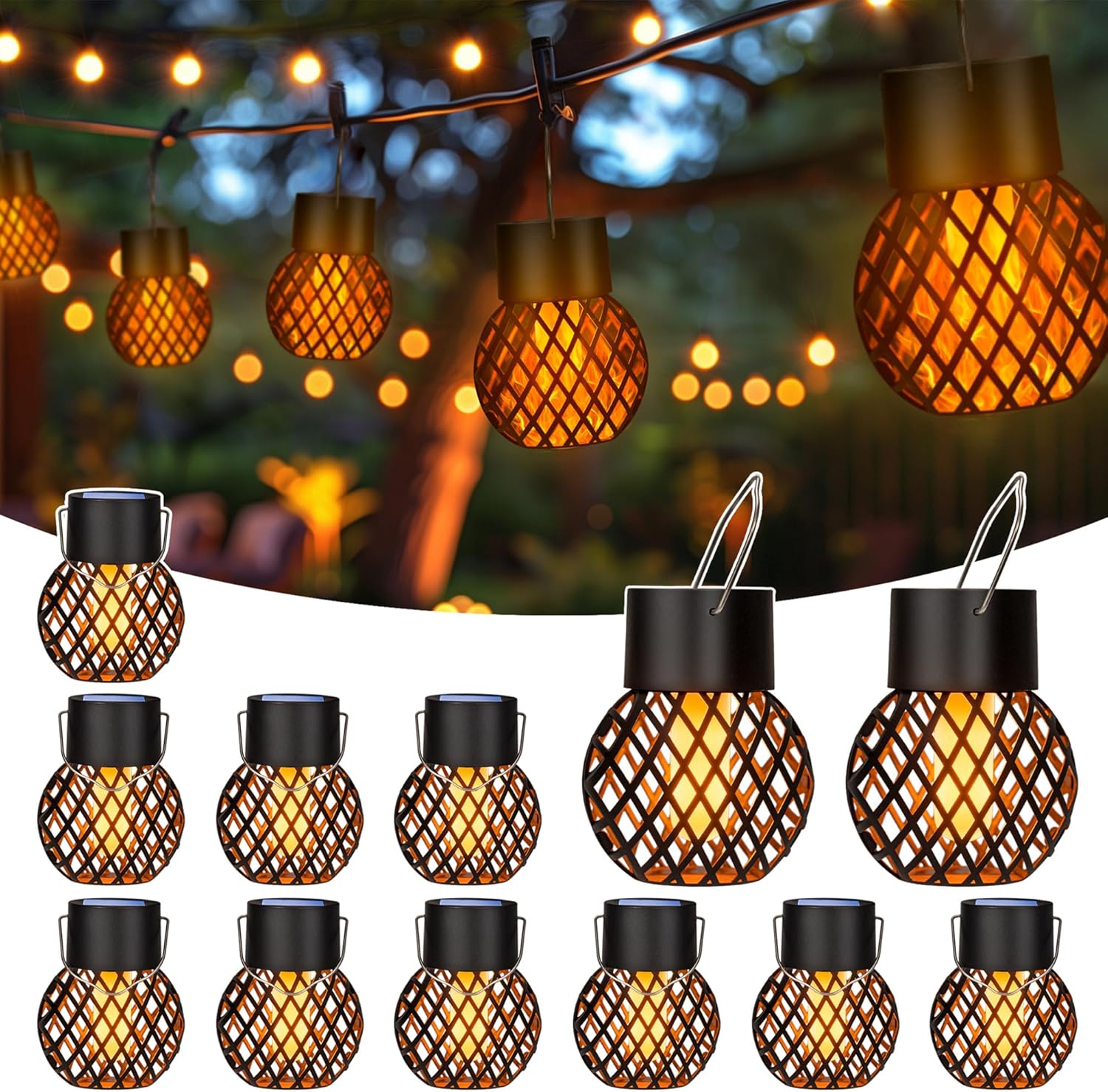 (8 pcs) Solar Lights Outdoor Garden Flickering Flame Solar Hanging Lights Waterproof for Garden Yard Fence