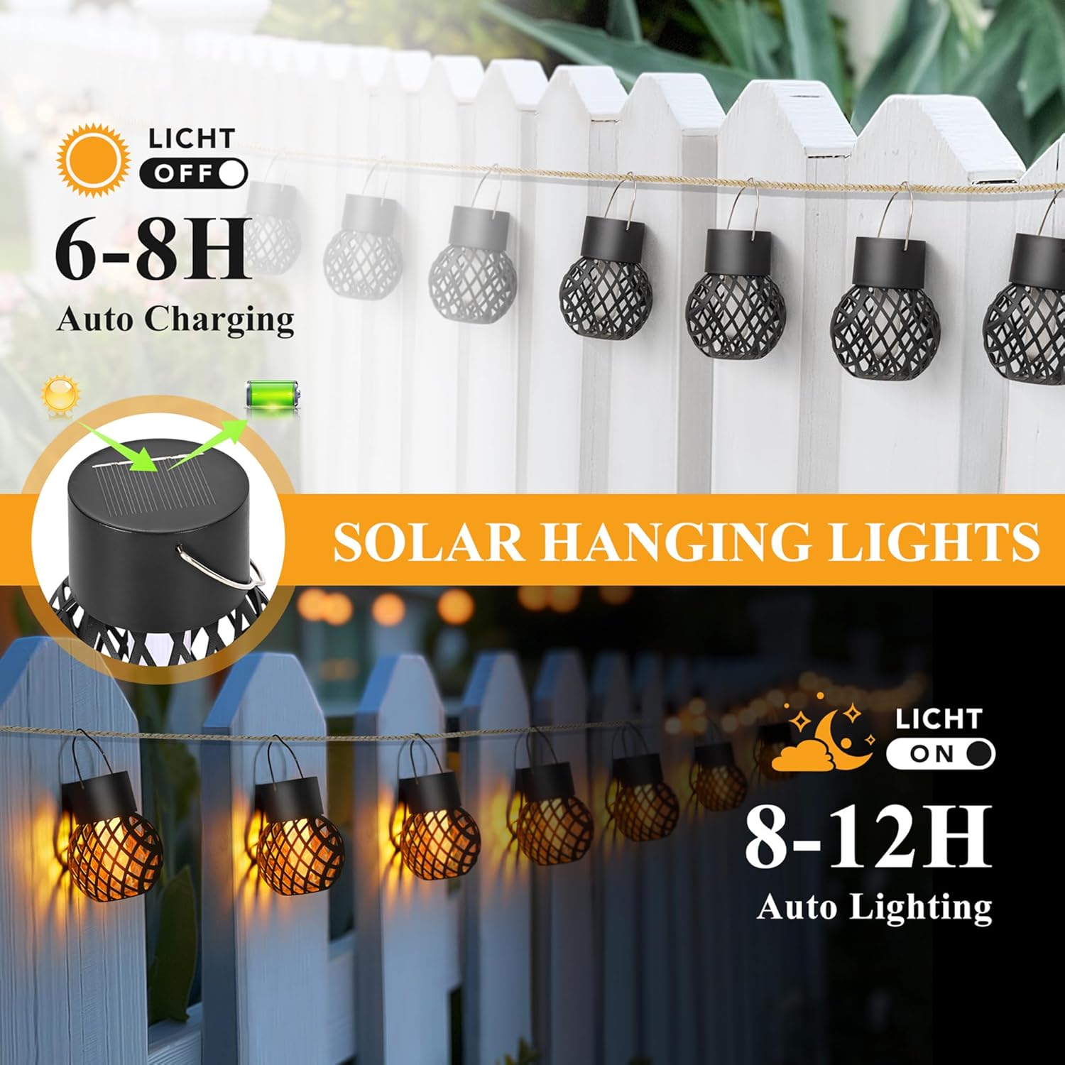 (8 pcs) Solar Lights Outdoor Garden Flickering Flame Solar Hanging Lights Waterproof for Garden Yard Fence