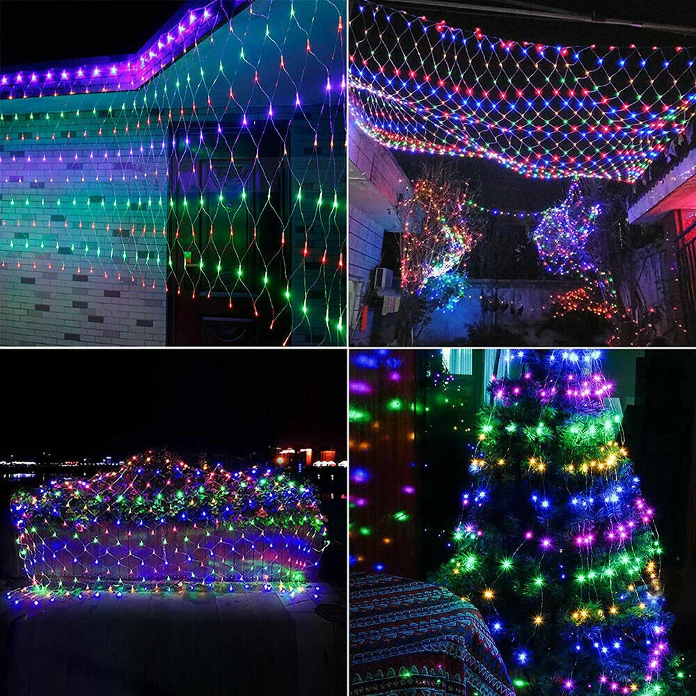 Solar LED Fairy String Net Lights Curtain Mesh Christmas Party Outdoor Garden