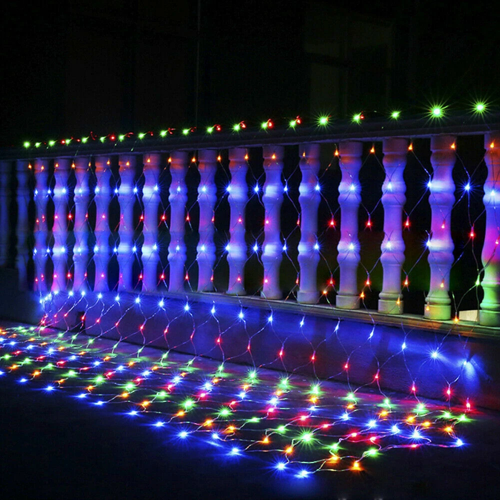 Solar LED Fairy String Net Lights Curtain Mesh Christmas Party Outdoor Garden