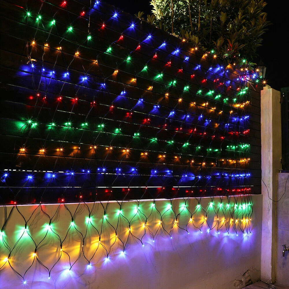 Solar LED Fairy String Net Lights Curtain Mesh Christmas Party Outdoor Garden