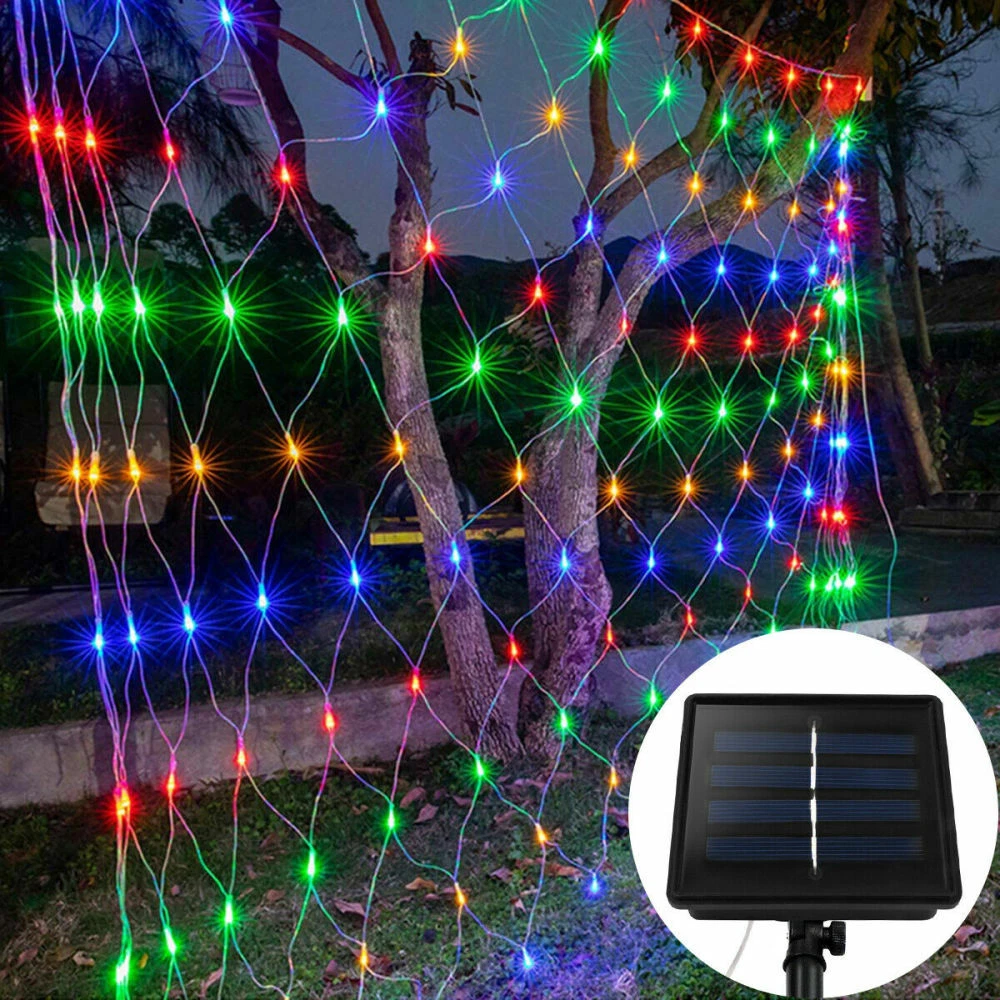 Solar LED Fairy String Net Lights Curtain Mesh Christmas Party Outdoor Garden