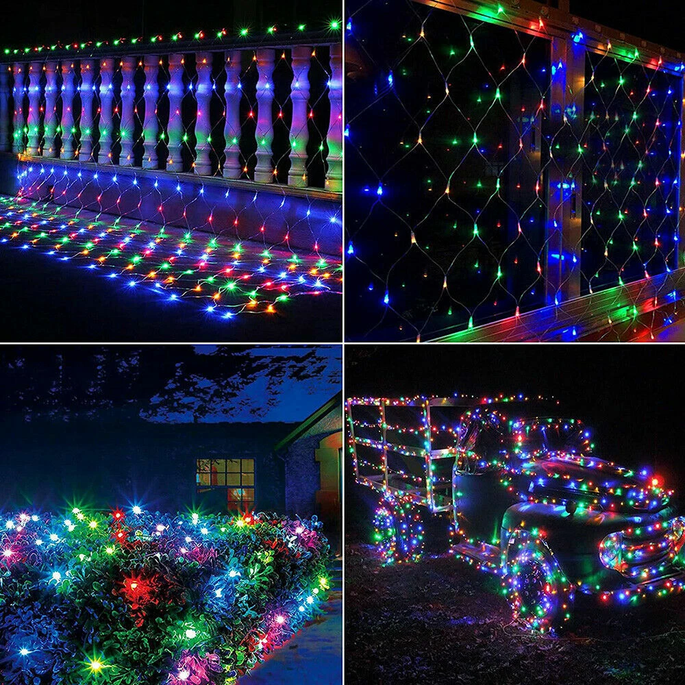 Solar LED Fairy String Net Lights Curtain Mesh Christmas Party Outdoor Garden
