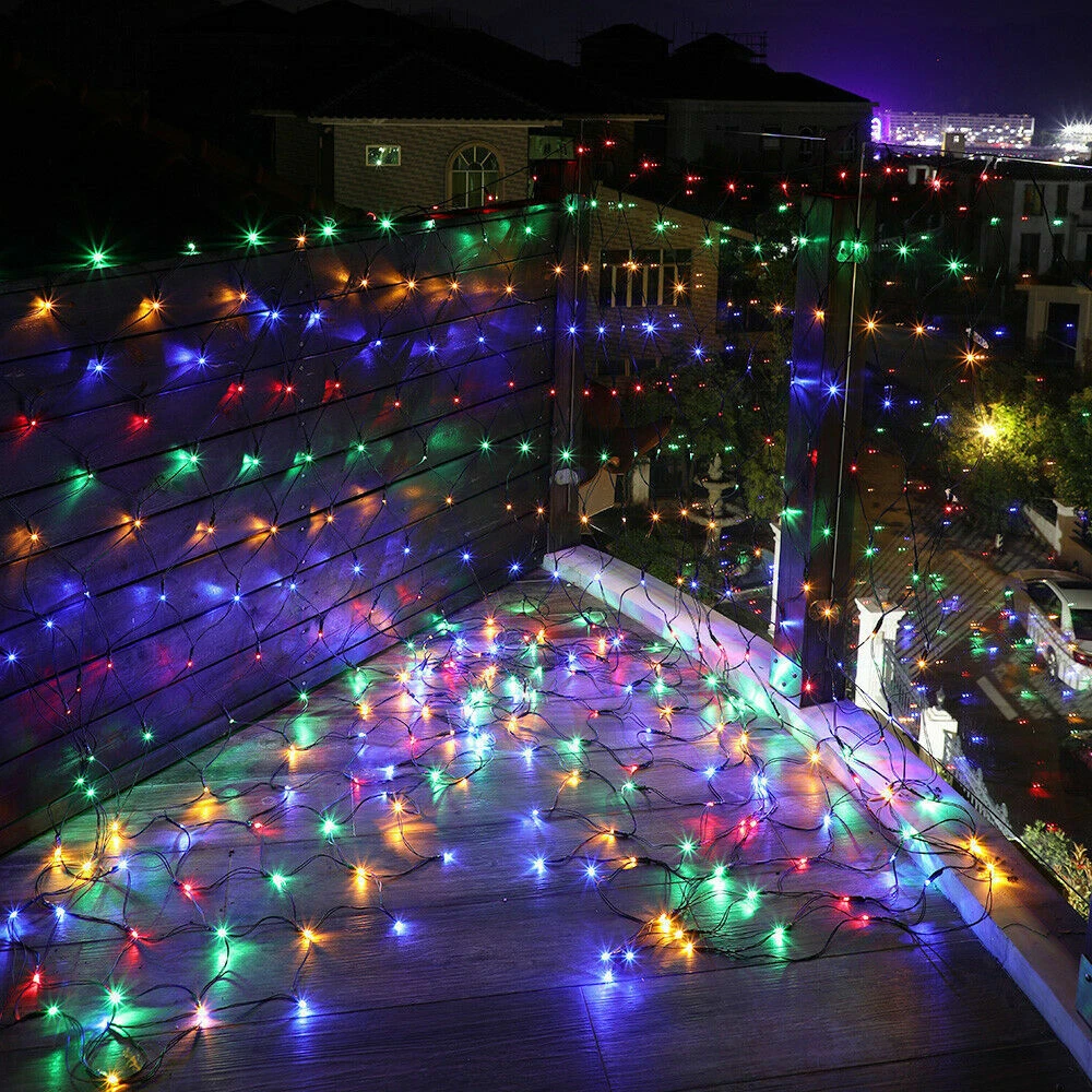 Solar LED Fairy String Net Lights Curtain Mesh Christmas Party Outdoor Garden