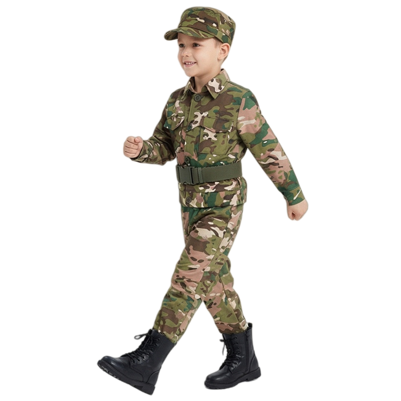 (150CM) Kids Camouflage Costume with Button Pockets and Belt Hat Set for School Gymnastics Summer Camp Activities 