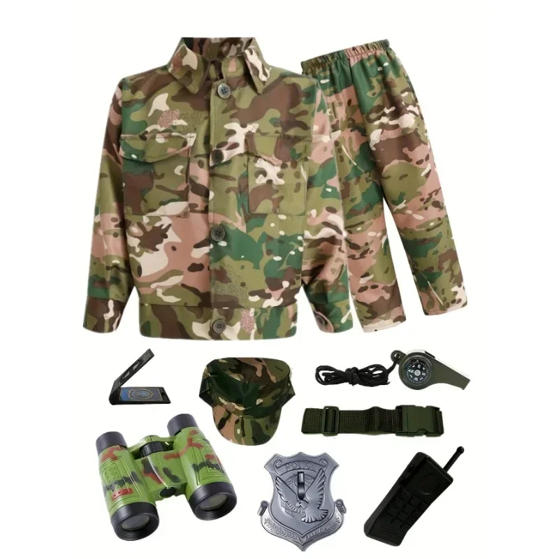 (150CM) Kids Camouflage Costume with Button Pockets and Belt Hat Set for School Gymnastics Summer Camp Activities 