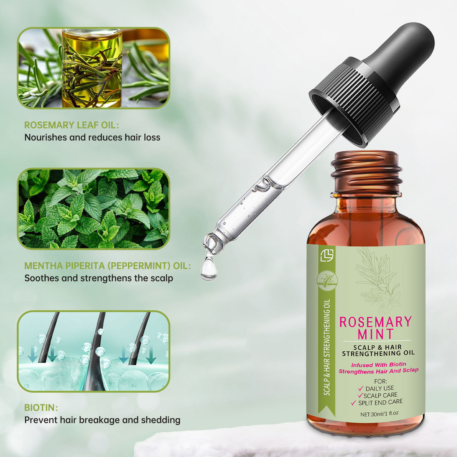 Rosemary Mint Essential Oil Hair Root Nourishing Split End Repair Daily Scalp And Strand Care 30ml