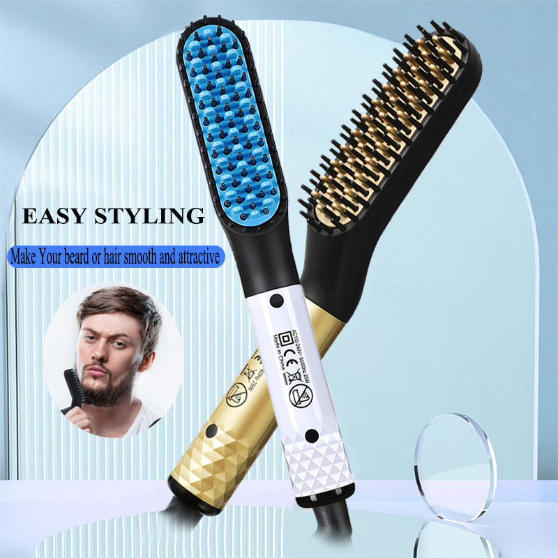 (Gold) Multifunctional Quick Hair Beard Straightener Men's Hair Straightening Flat Iron Heated Hair Comb Electric Men Hair Beard Styler