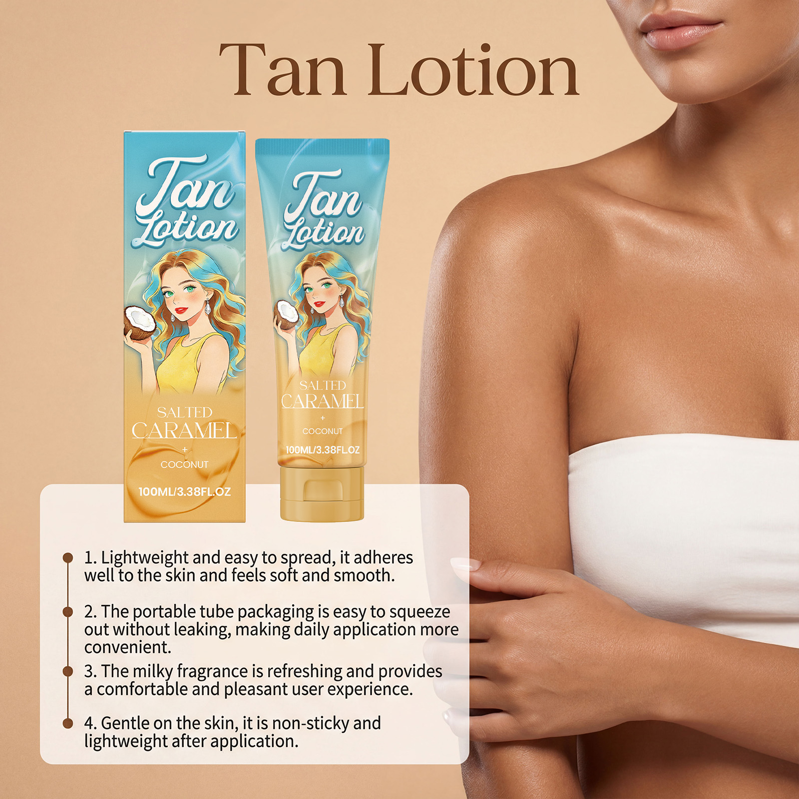 Coconut Caramel Tanning Boost Lotion Summer Tanning Body Skin Fresh Texture Non Sticky Smear Care Emulsion