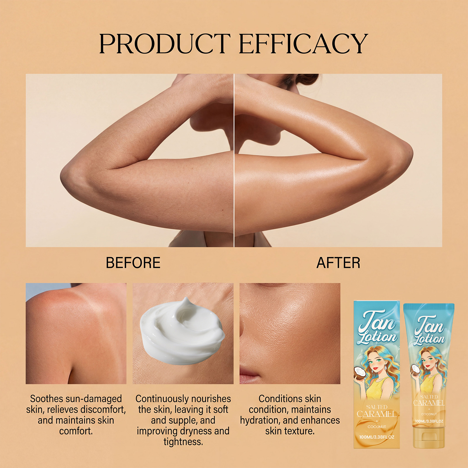 Coconut Caramel Tanning Boost Lotion Summer Tanning Body Skin Fresh Texture Non Sticky Smear Care Emulsion