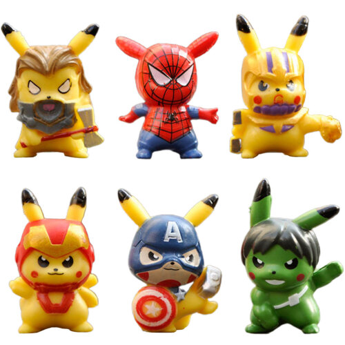 6PC Pokemon X Marvel Figures Pikachu Cosplay Superhero Spider Hulk Kids Gifts