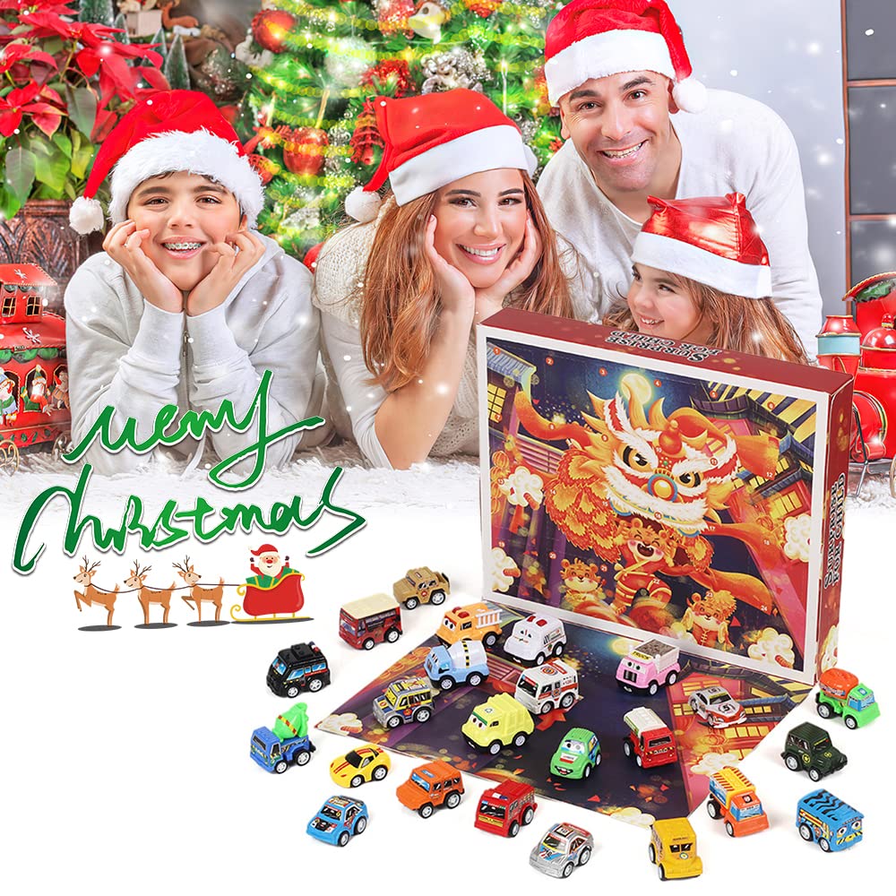 Christmas Advent Calendar with 24Pcs Pull Back Vehicle Toys 2022 24 Days Christmas Countdown Collectible Race Car Playset Souvenir Xmas Decoration Kids Boys Toddlers Party Favors Festive Present Blind Box Surprise Gift