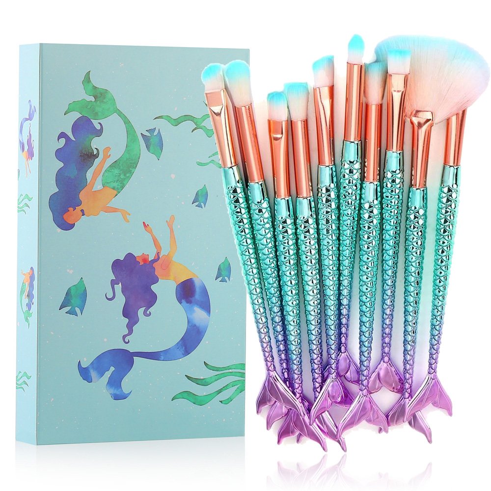 Mermaid Makeup Brush Set Professional Eye Makeup Brushes For Eyeshadow Concealer Blush Liquid Foundation Eyeliner Brow Blending Brush Tool Makeup Brush Kits 11 Pcs  Set with Gift Box