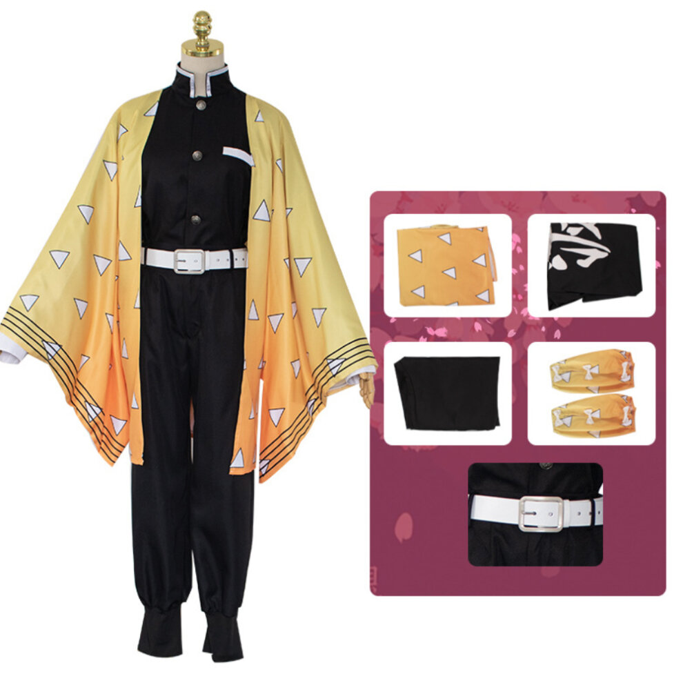 (9~10 Years) Agatsuma Zenitsu Suit Demon Slayer Kids Cosplay Kamado Nezuko Tanjiro Kimono Robes Costume