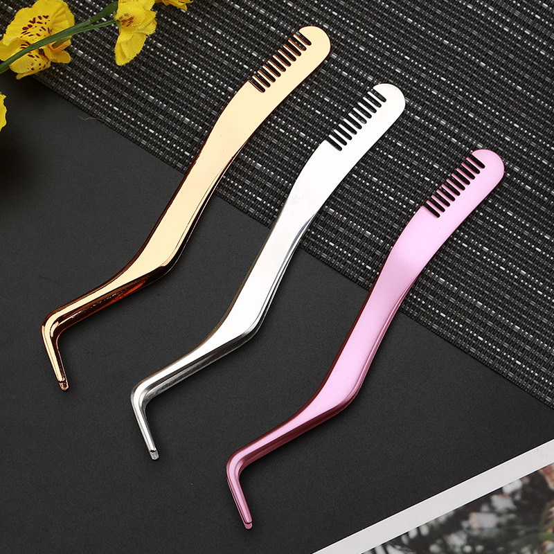 Eyelashes Tweezers False Lashes Applicator Stainless Steel Lash Extension Tweezers with Comb Classic Lashes Smeared Natural Beauty Tools for Volume Isolation Ergonomic Curved Makeup Artist Salon Home Use 3pcs Set