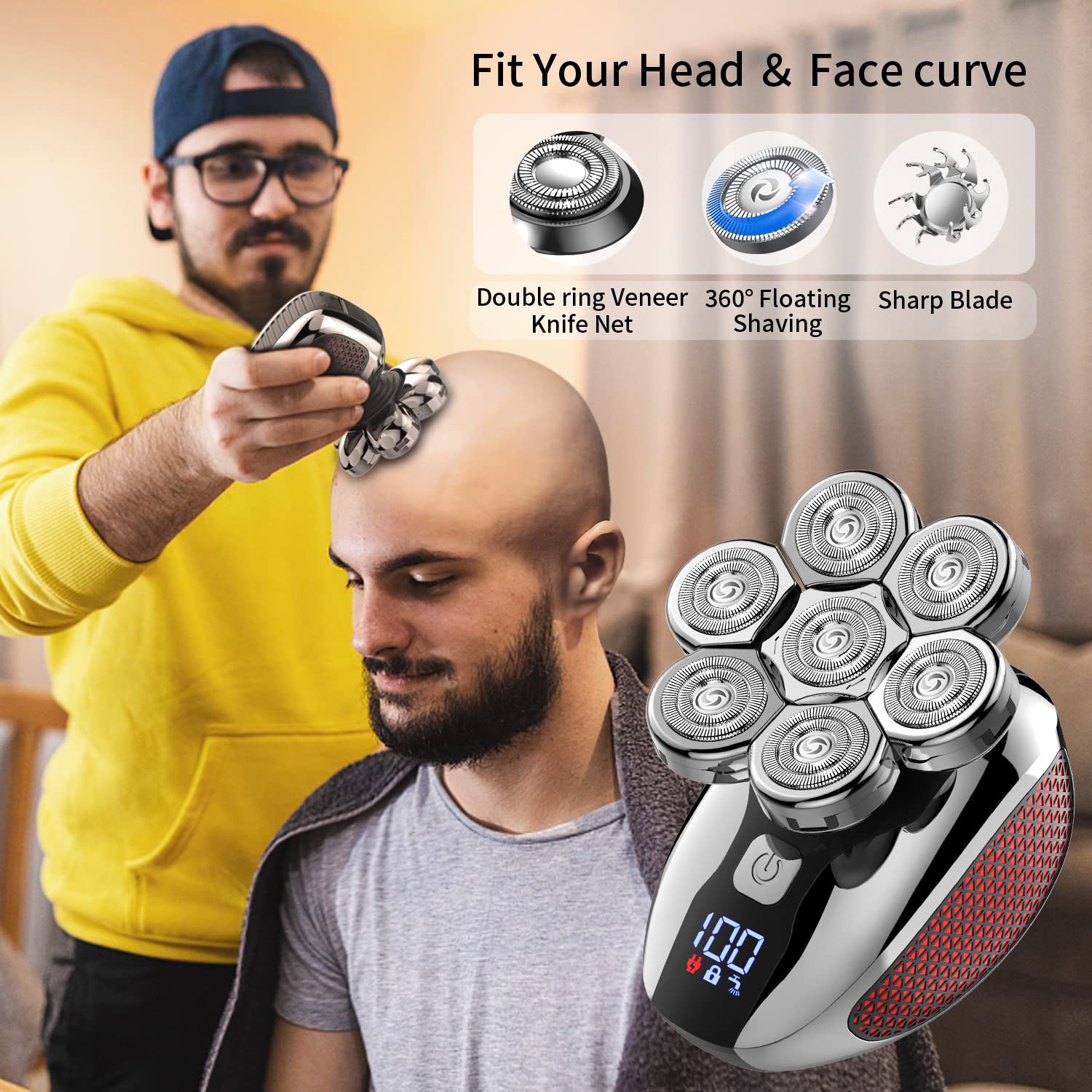 (Black) Detachable Head Shavers for Bald Men 6 in 1 Electric Razor for Bald Men 7D with Hair Sideburns Trimmer Waterproof Wet and Dry Cordless Men Grooming Kit