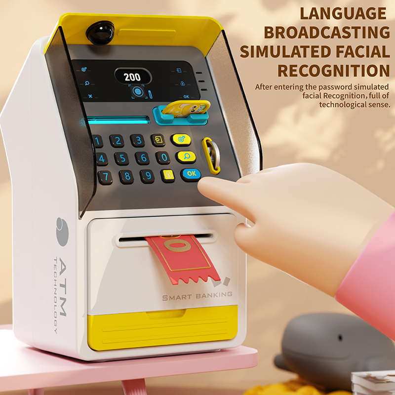 (Yellow) Mini ATM Kids Safe Piggy Bank Electronic Cash Coins Save Box for Kids With Face Recognition Unlocking Birthday Toys Gifts