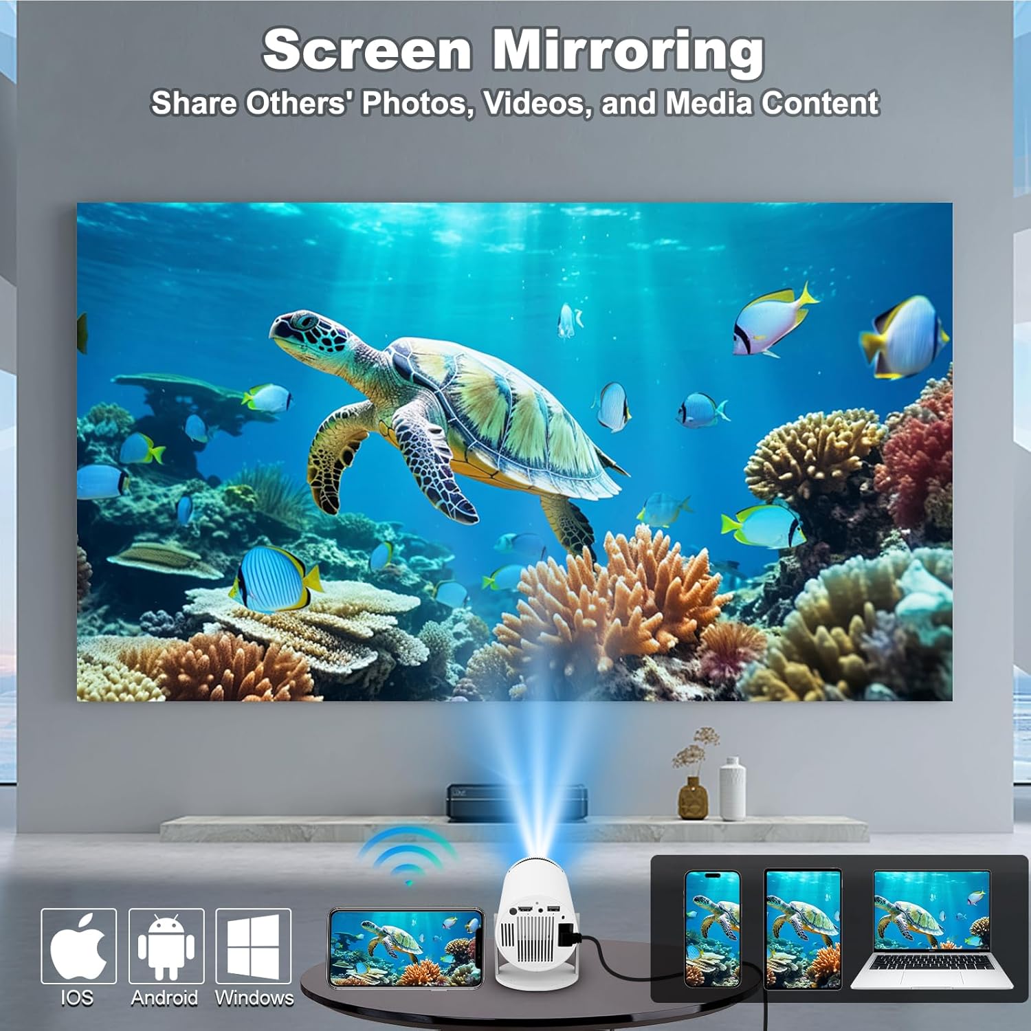 (White) Mini Projector with WIFI and Bluetooth, 4K 1080P Support Portable Projector Rotatable 130 Inch Screen Movie Projector Auto Keystone Compatible for Laptop PC Smartphone