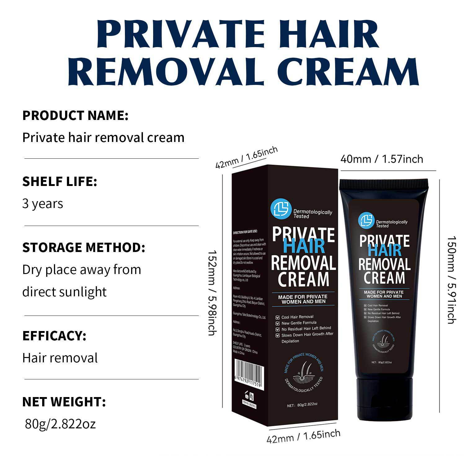 Women‘s Gentle Hair Removal Cream Non Irritating for Armpit Legs Arms Daily Home Use Natural 80g