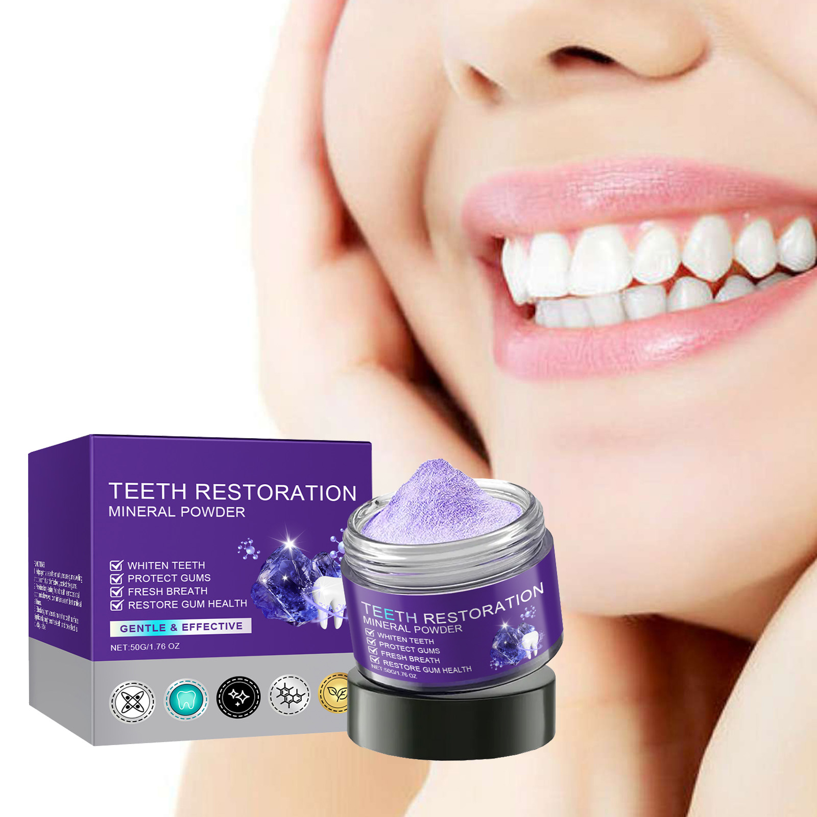 Purple Teeth Powder Gentle Clean Remove Yellow Tartar Freshen Breath Eliminate Odor Refreshing Clean Daily Oral Care