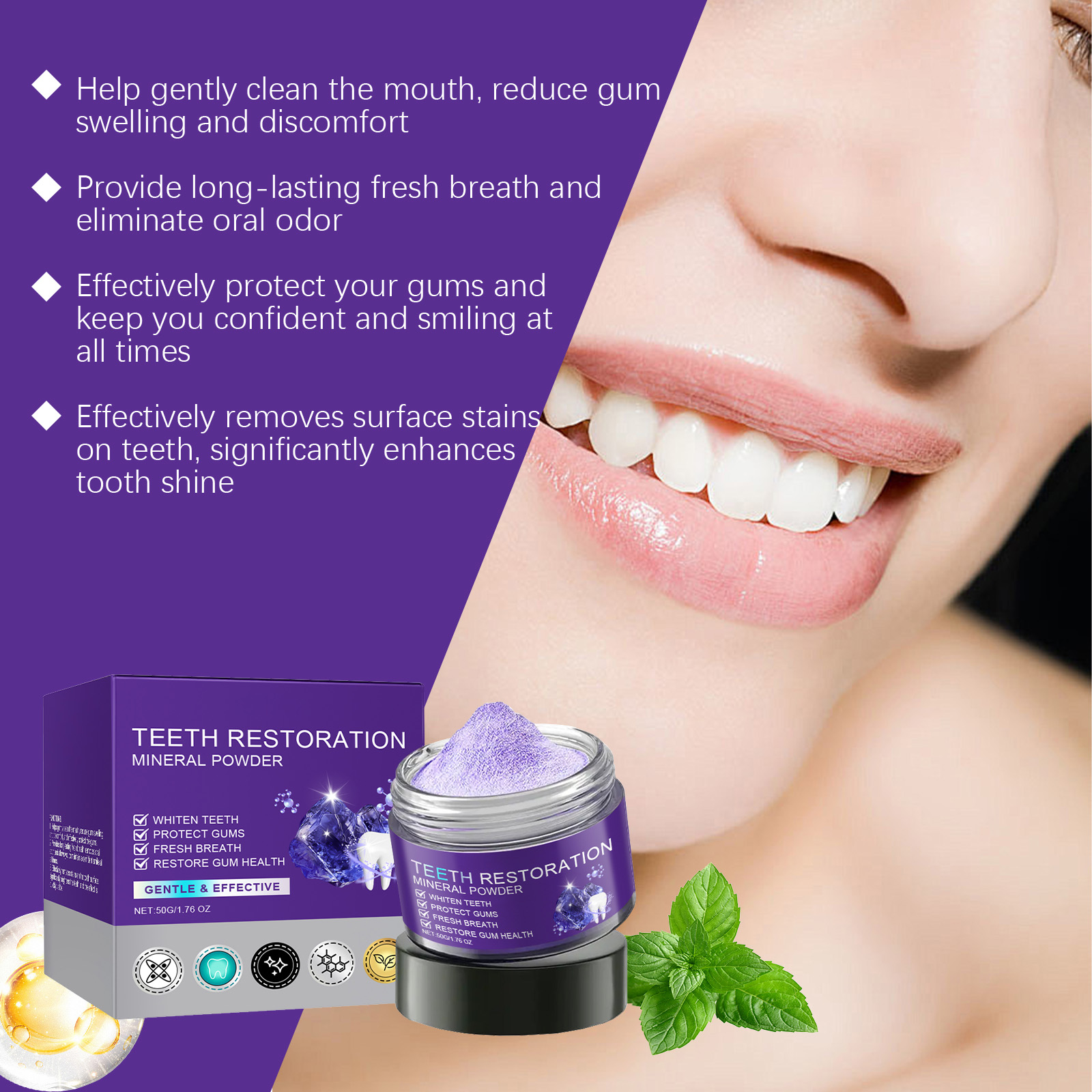 Purple Teeth Powder Gentle Clean Remove Yellow Tartar Freshen Breath Eliminate Odor Refreshing Clean Daily Oral Care