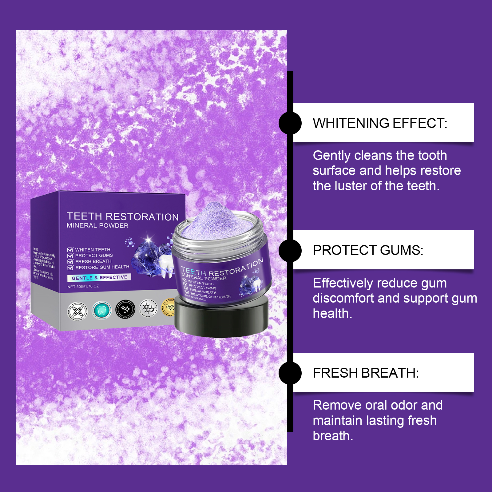 Purple Teeth Powder Gentle Clean Remove Yellow Tartar Freshen Breath Eliminate Odor Refreshing Clean Daily Oral Care