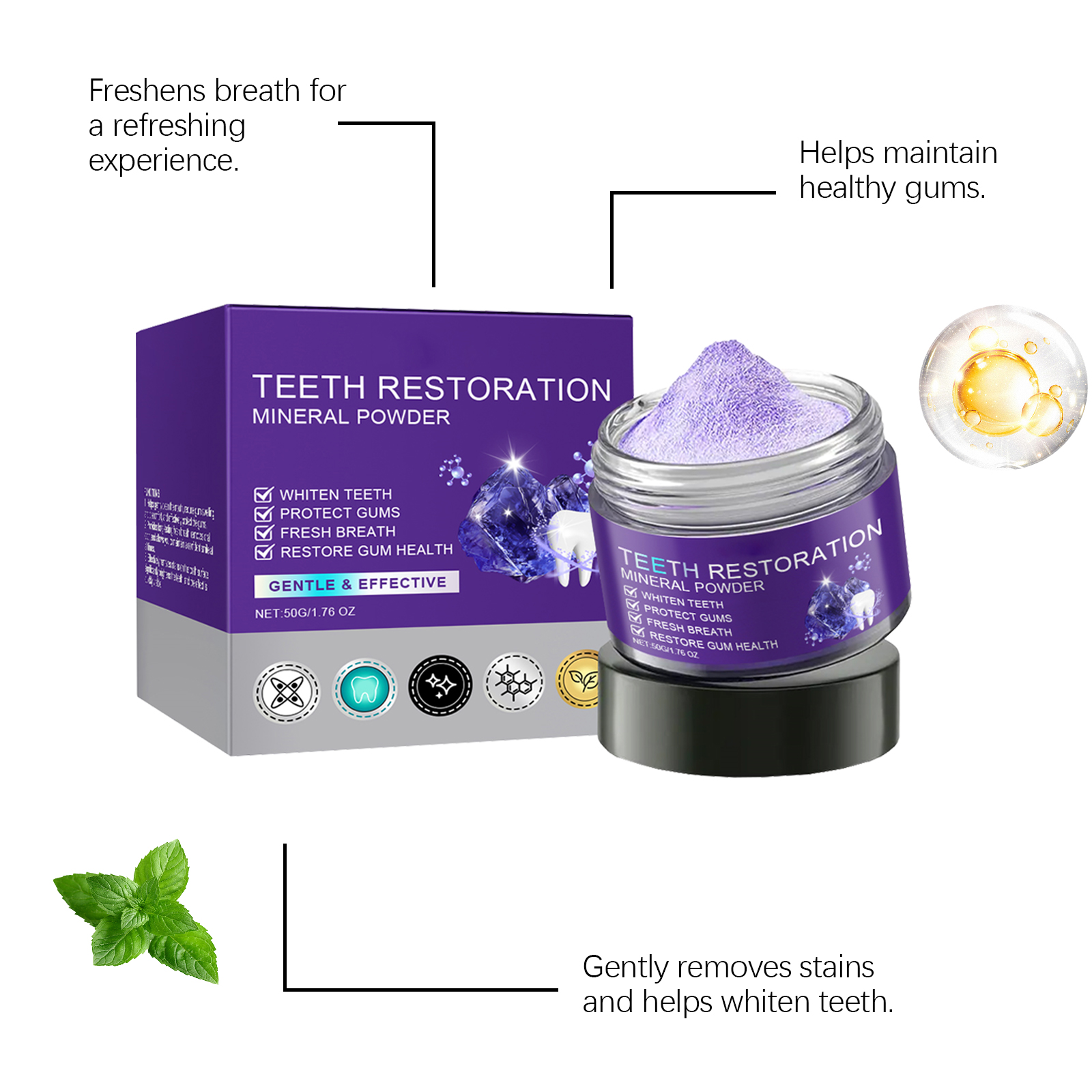 Purple Teeth Powder Gentle Clean Remove Yellow Tartar Freshen Breath Eliminate Odor Refreshing Clean Daily Oral Care