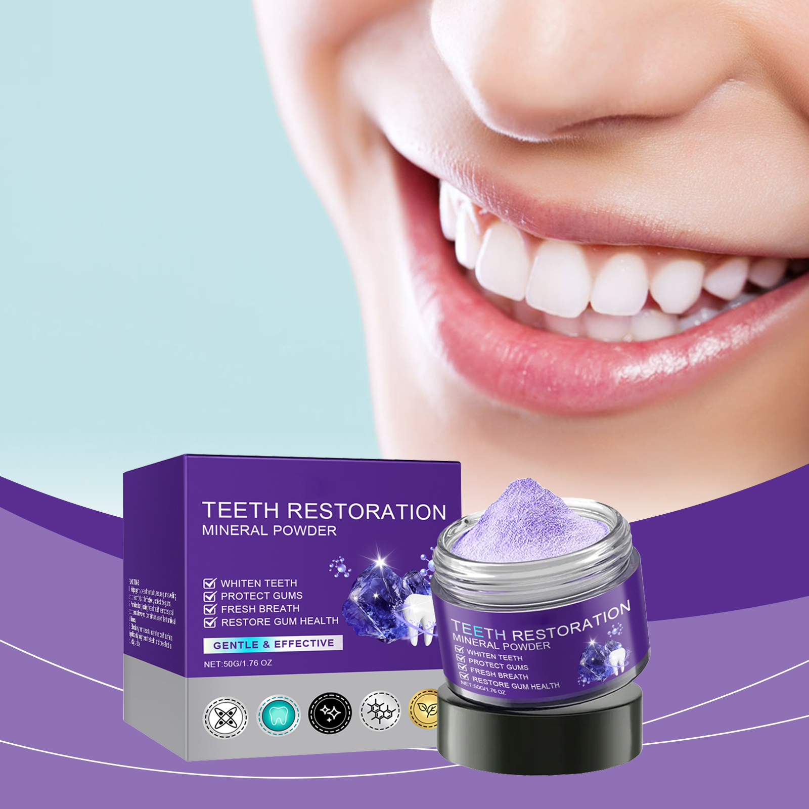 Purple Teeth Powder Gentle Clean Remove Yellow Tartar Freshen Breath Eliminate Odor Refreshing Clean Daily Oral Care