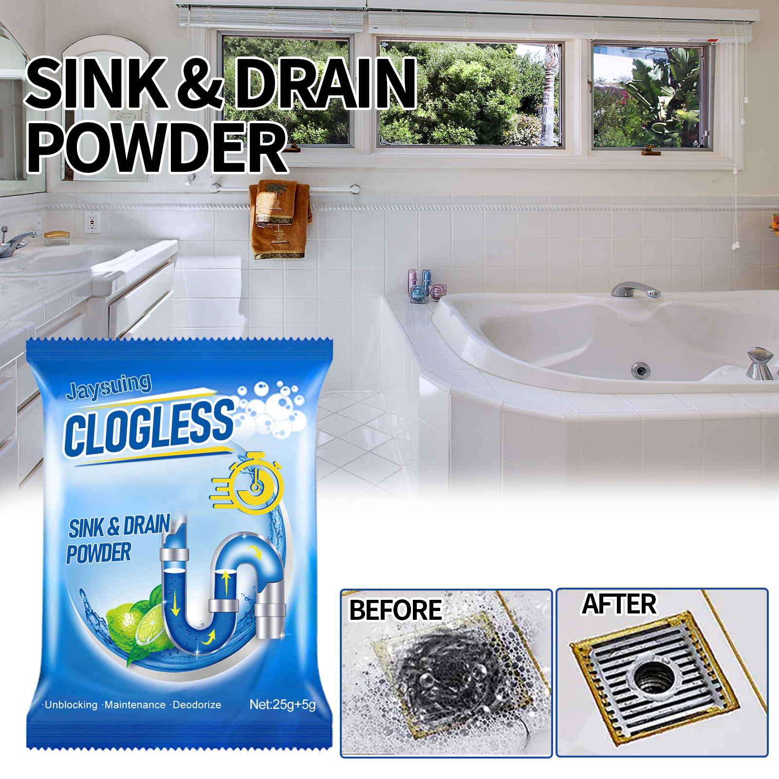 Drain Clog Remover Powder Sink Toilet Kitchen Pipe Cleaner Deodorizer For Household Use 30g