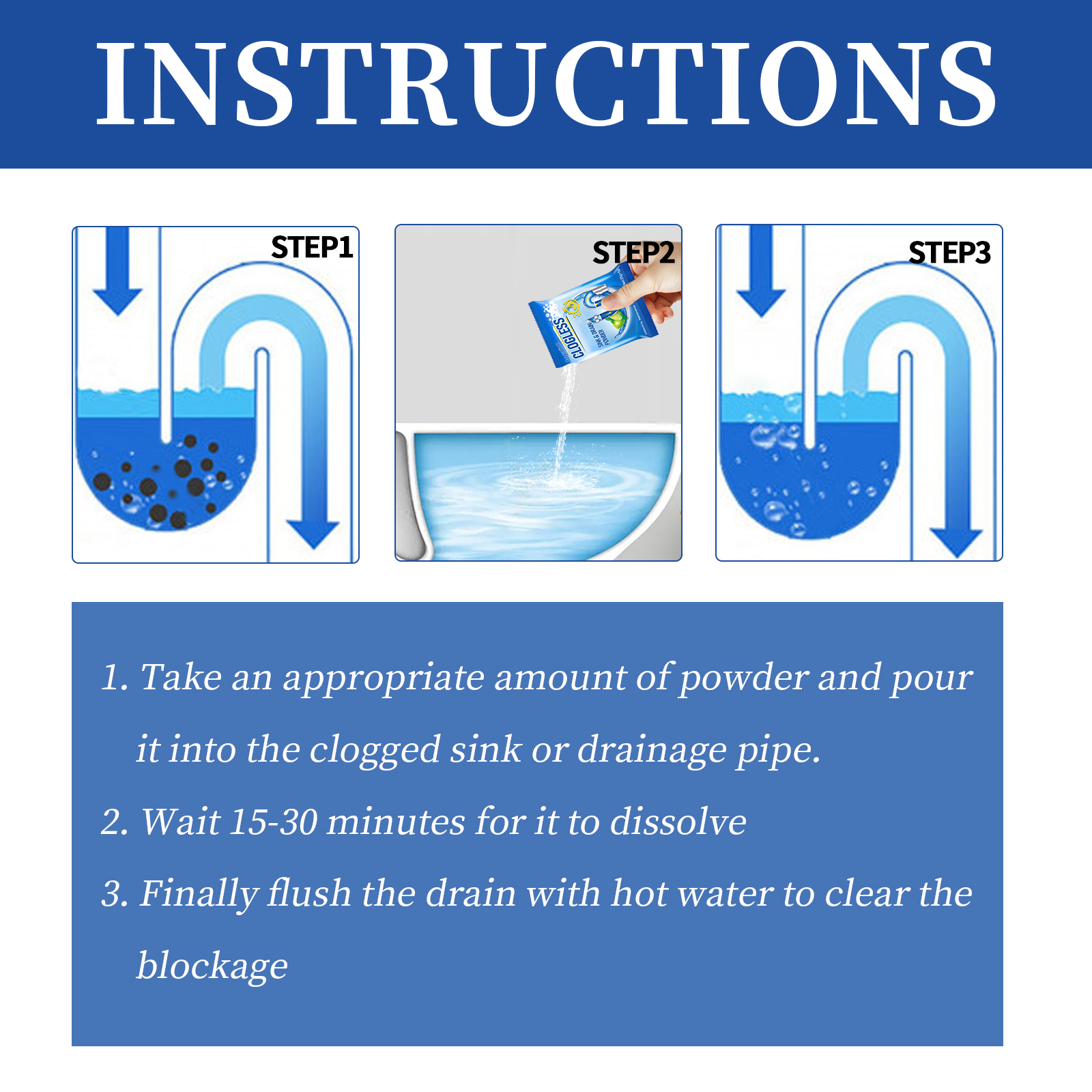 Drain Clog Remover Powder Sink Toilet Kitchen Pipe Cleaner Deodorizer For Household Use 30g