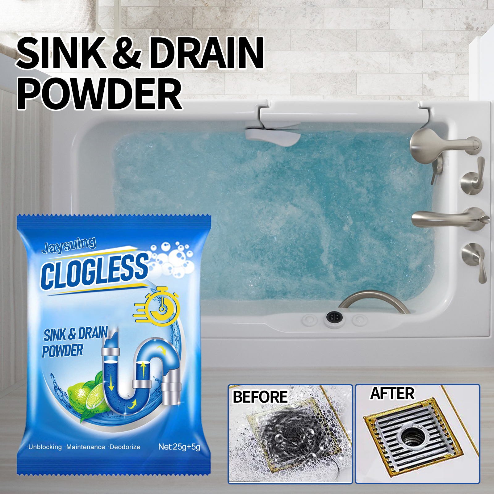 Drain Clog Remover Powder Sink Toilet Kitchen Pipe Cleaner Deodorizer For Household Use 30g