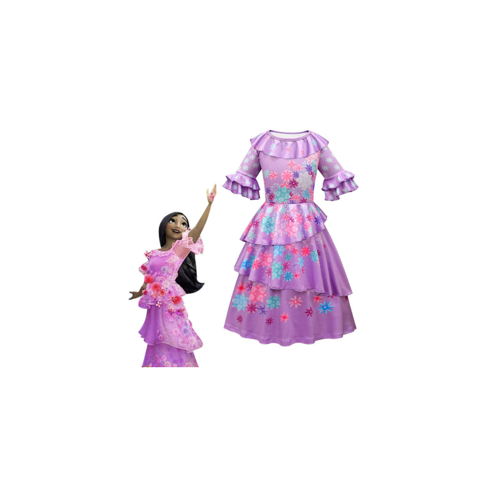 (6-7 Years) Girls Encanto Isabella Cosplay Costume Ruffle Floral Princess Dress Party Bi