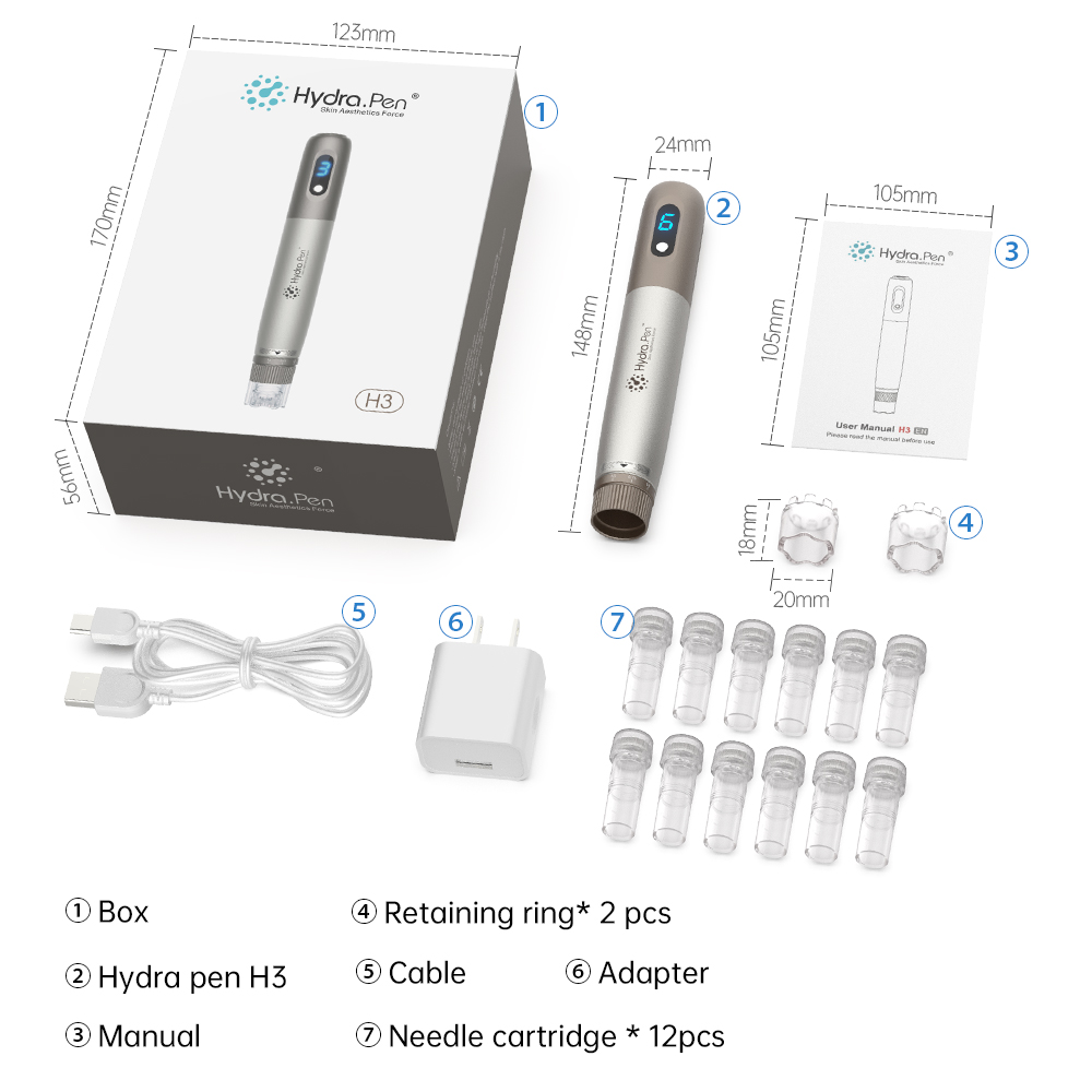 Derma Pen Hydra Pen H3 Automatic Applicator Serum Pen Wireless Microneedling Pen Professional Electric Skin Care Acne Wrinkle Removal Device Home Use with 12pcs Needle Cartridges