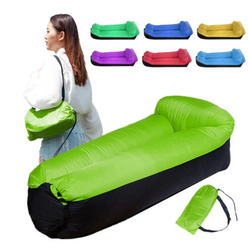 (Black and Gray) Fast Outdoor Inflatable Air Sofa Bed Lounger Sofa Lazy Sack Hangout Camping Beach Bag Hiking Chair No Need Air Pump
