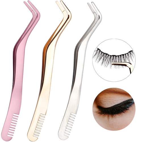 Eyelashes Tweezers False Lashes Applicator Stainless Steel Lash Extension Tweezers with Comb Classic Lashes Smeared Natural Beauty Tools for Volume Isolation Ergonomic Curved Makeup Artist Salon Home Use 3pcs Set