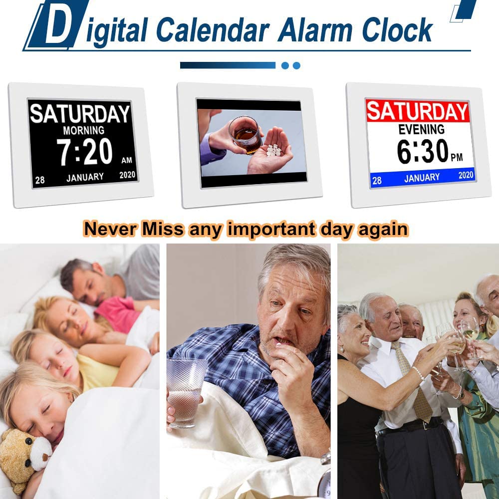 (White) Dementia Clock 8 Inches Calendar Date Clock Memory Loss Day Clock Extra Large Non-Abbreviated Day Month Digital Clock