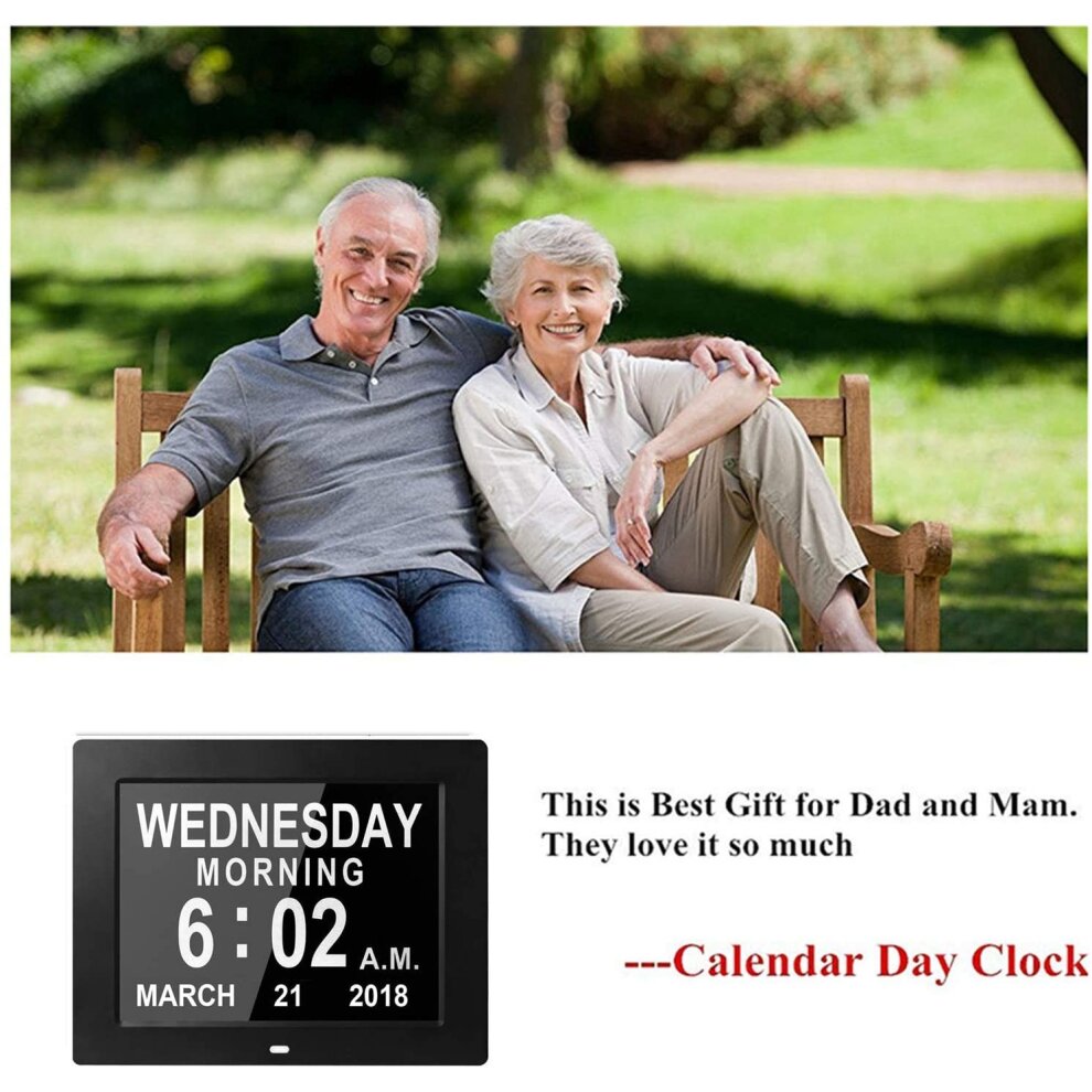 (Black) Digital Alarm Clock Calendar Memory Loss Day Clock with Extra Large Non-Abbreviated Day Month 7 Inch