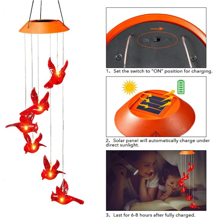 Cardinals Solar Wind Chimes Light  Garden Courtyard Lawn Decoration Gifts