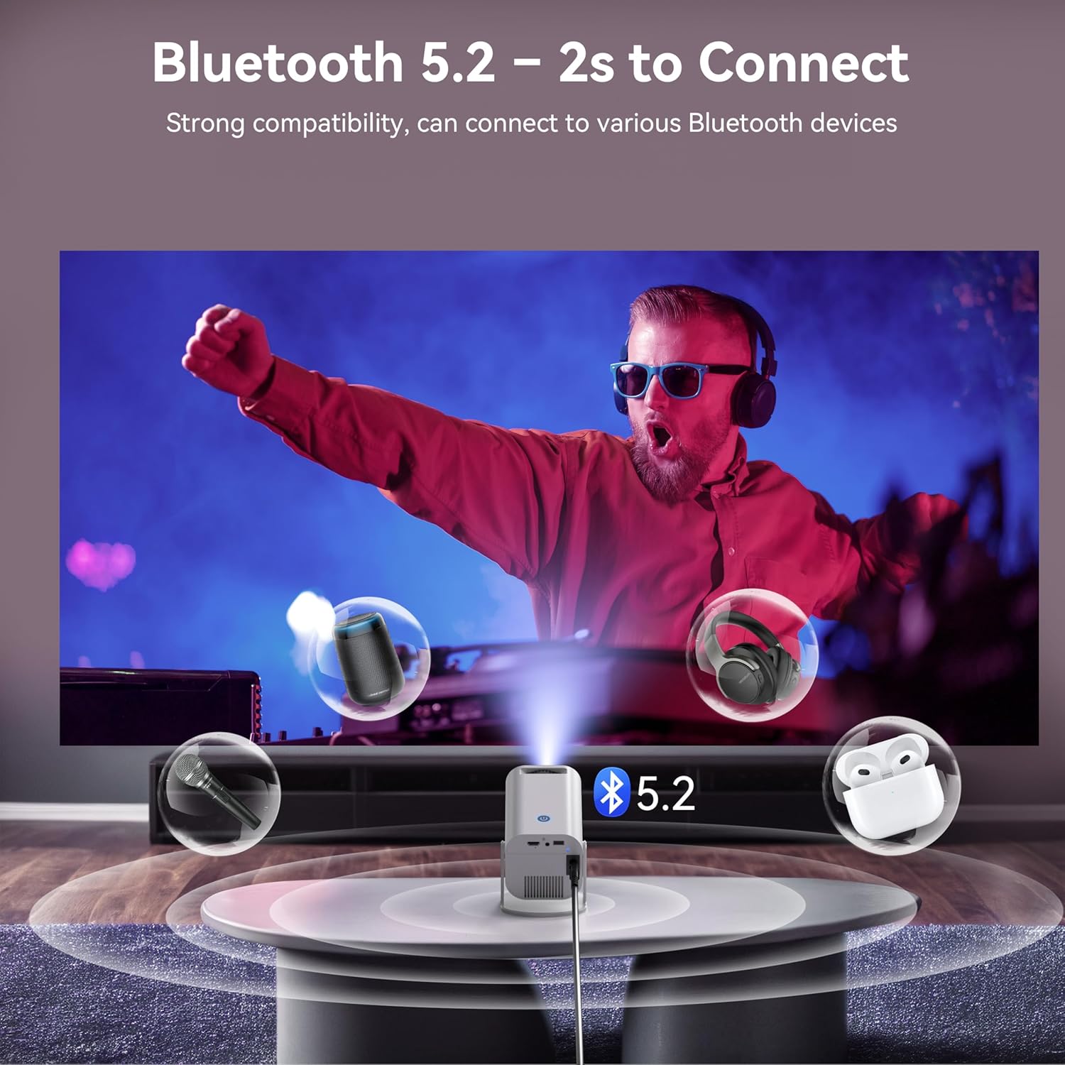(White) Projector 4k 1080p Full HD Mini Projector with Auto Keystone Smart Projector with Android BT Mini Projector 4K with 150 Inch Display Rotation Portable Projector