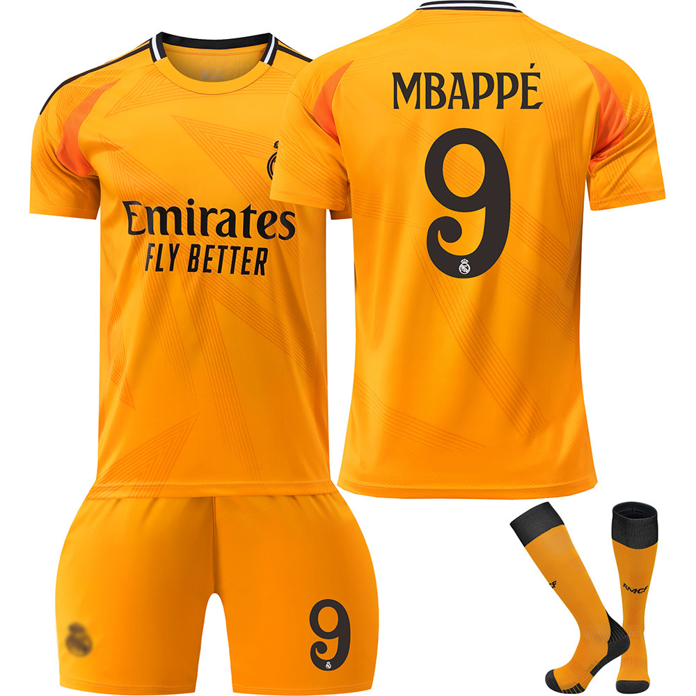 (Kids 16) Real Madrid Away Football Kits No.9 Mbappe Jersey Shirts Shorts and Socks Set for Kids Boys Football Kit Sport Training Jersey