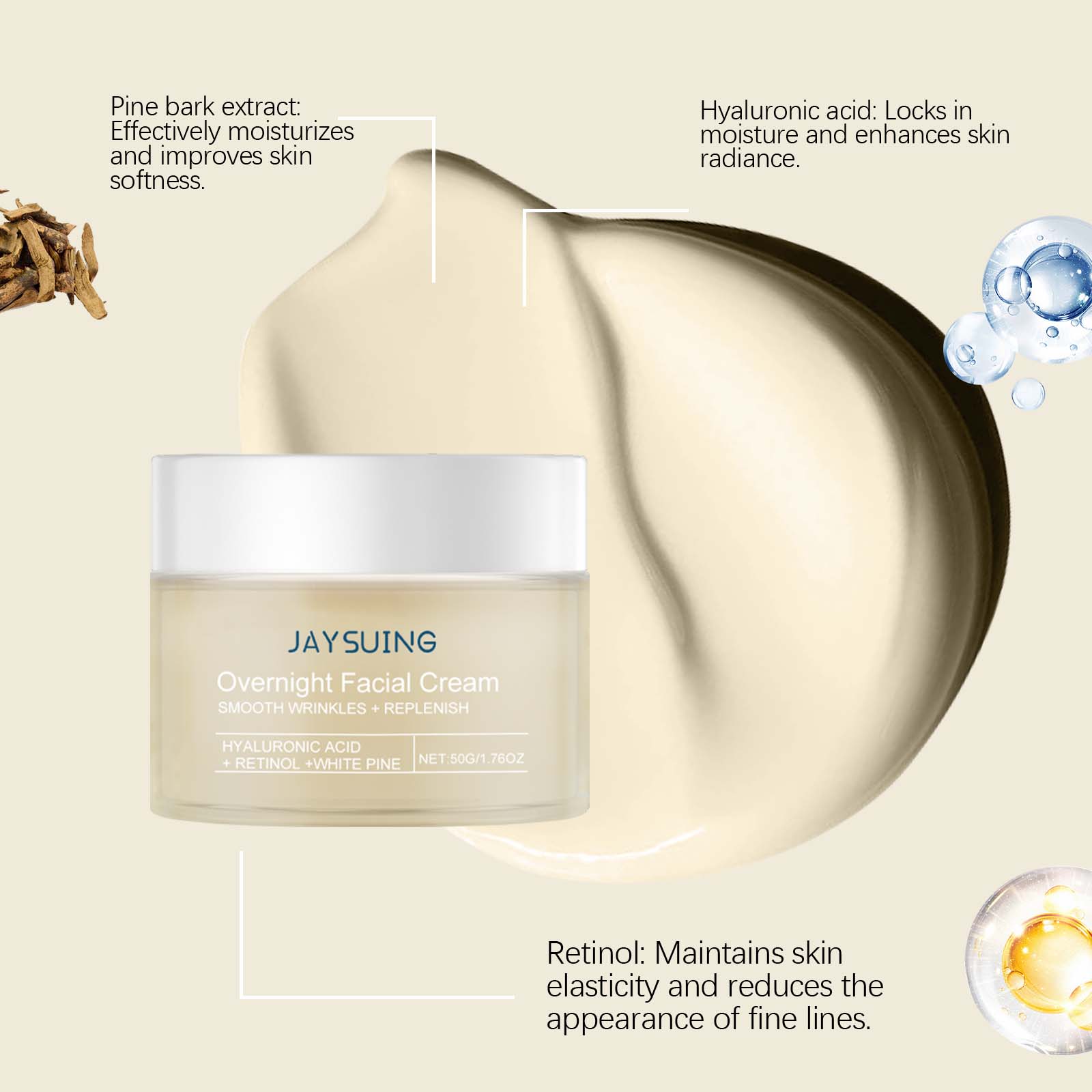 Jaysuing Pine Hydrating Night Cream Facial Care Brighten Tender Skin Nourish Hyaluronic Acid Retinol Moisturizer Skincare Restore Tighten Anti Aging Cream