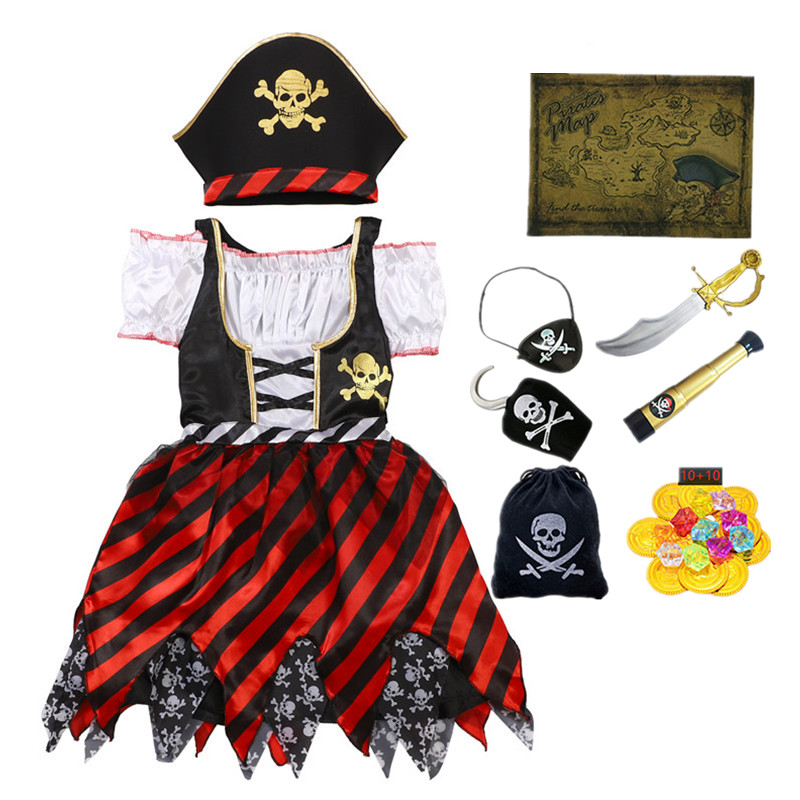 (130CM) Girls Pirate Costume Set Caribbean Themed Dress with Skull Print Halloween Party Cosply Outfit Includes Toy Gift Carnival 3-12Y